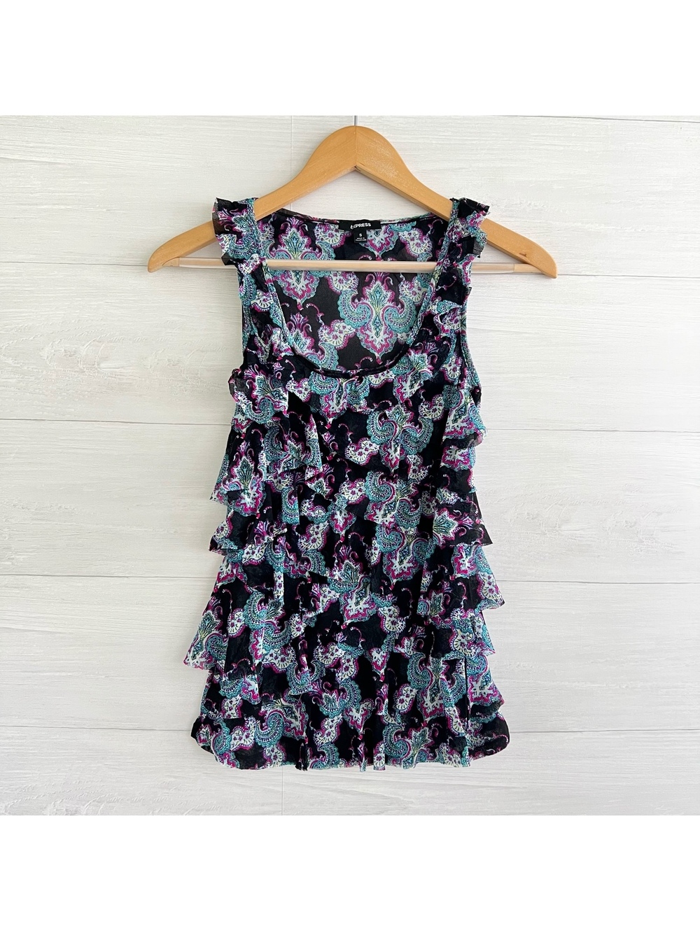 Express Paisley Ruffled Mesh Tank Top S Black Pink Teal Sheer Boho